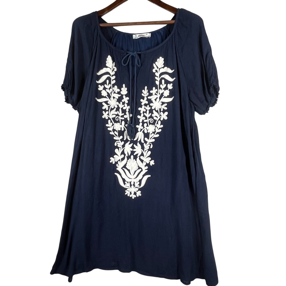 Lapogee White Embroidered Smocked Cotton Gauze Mini Dress Boho Cottagecore
